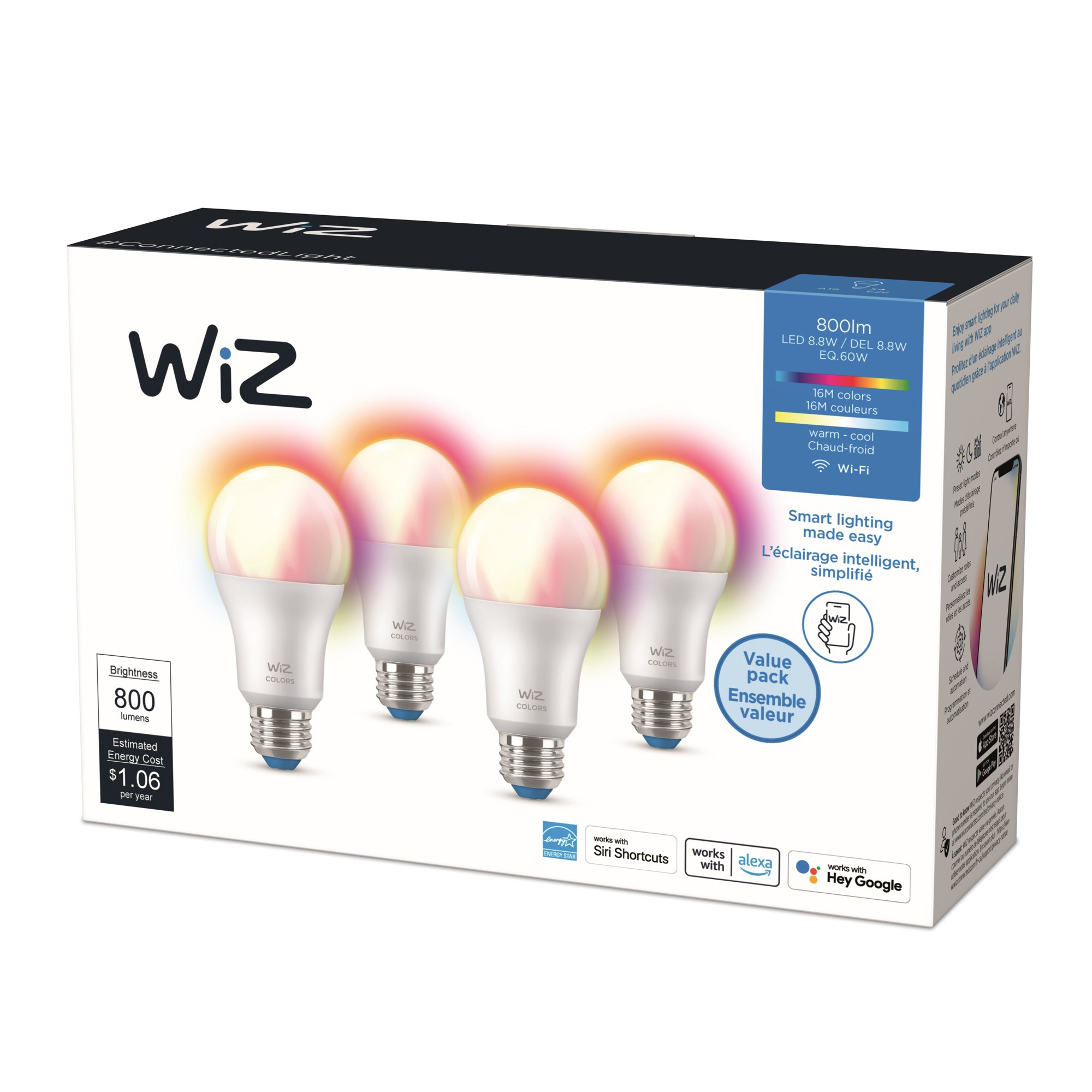 WiZ LED Smart Wi-Fi Connected 60-Watt A19 Color & Tunable White Light Bulb. Dimmable. 4-Pack