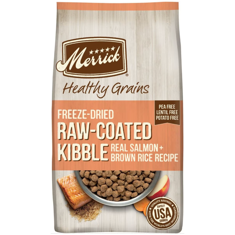 Merrick Healthy Grains Raw-Coated Kibble Real Salmon + Brown Rice. 22-lb bag