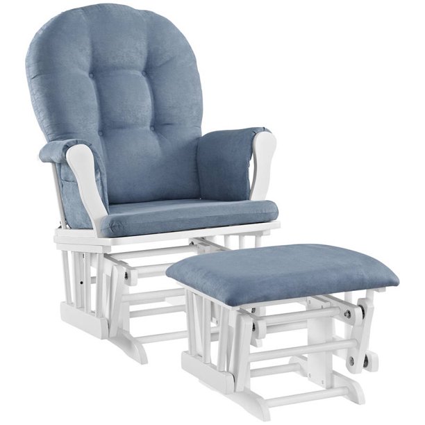 Angel Line Windsor Glider with Ottoman. White Finish with Blue Cushions