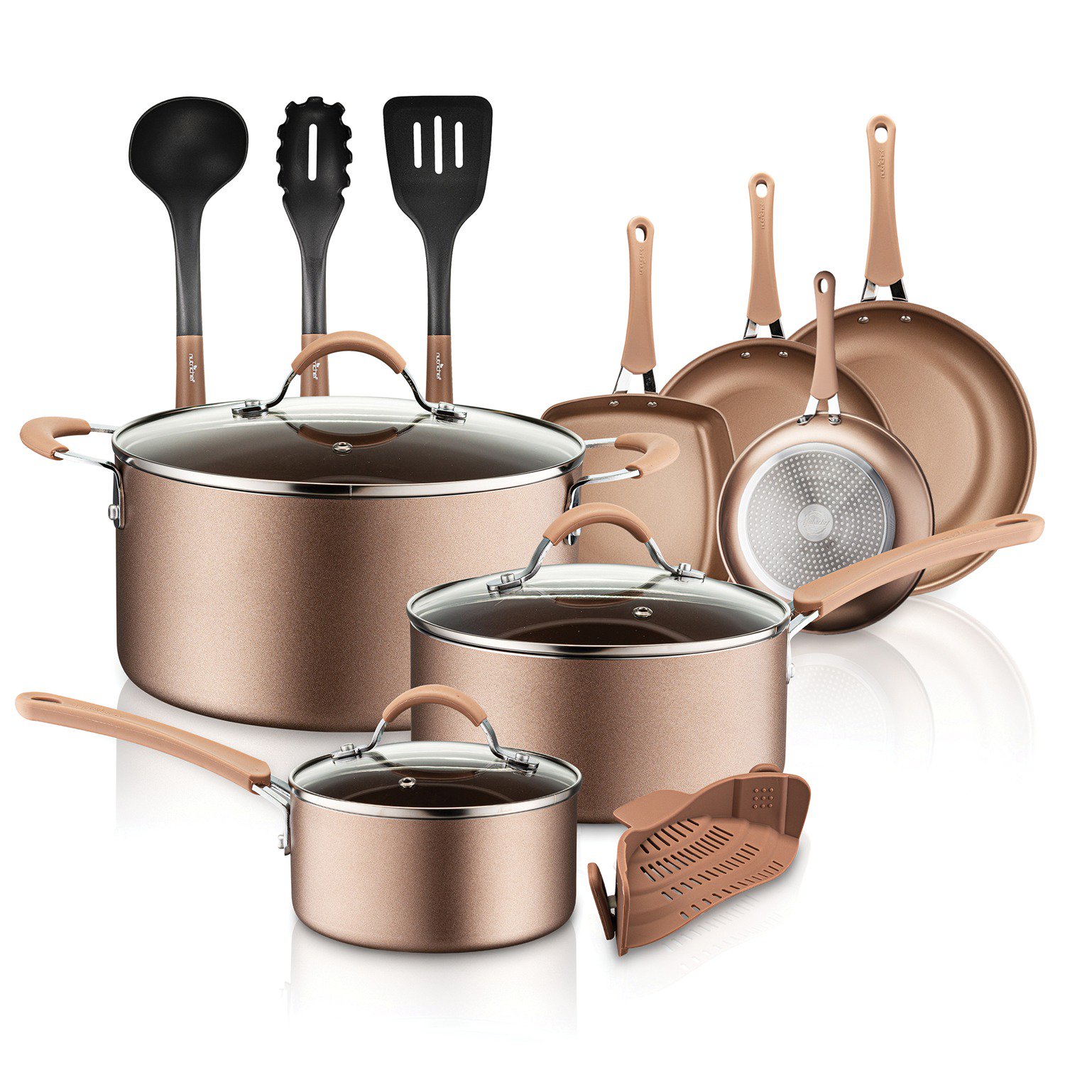 NutriChef NCCW14S 14-Piece Kitchenware Pots and Pans Set. Brown