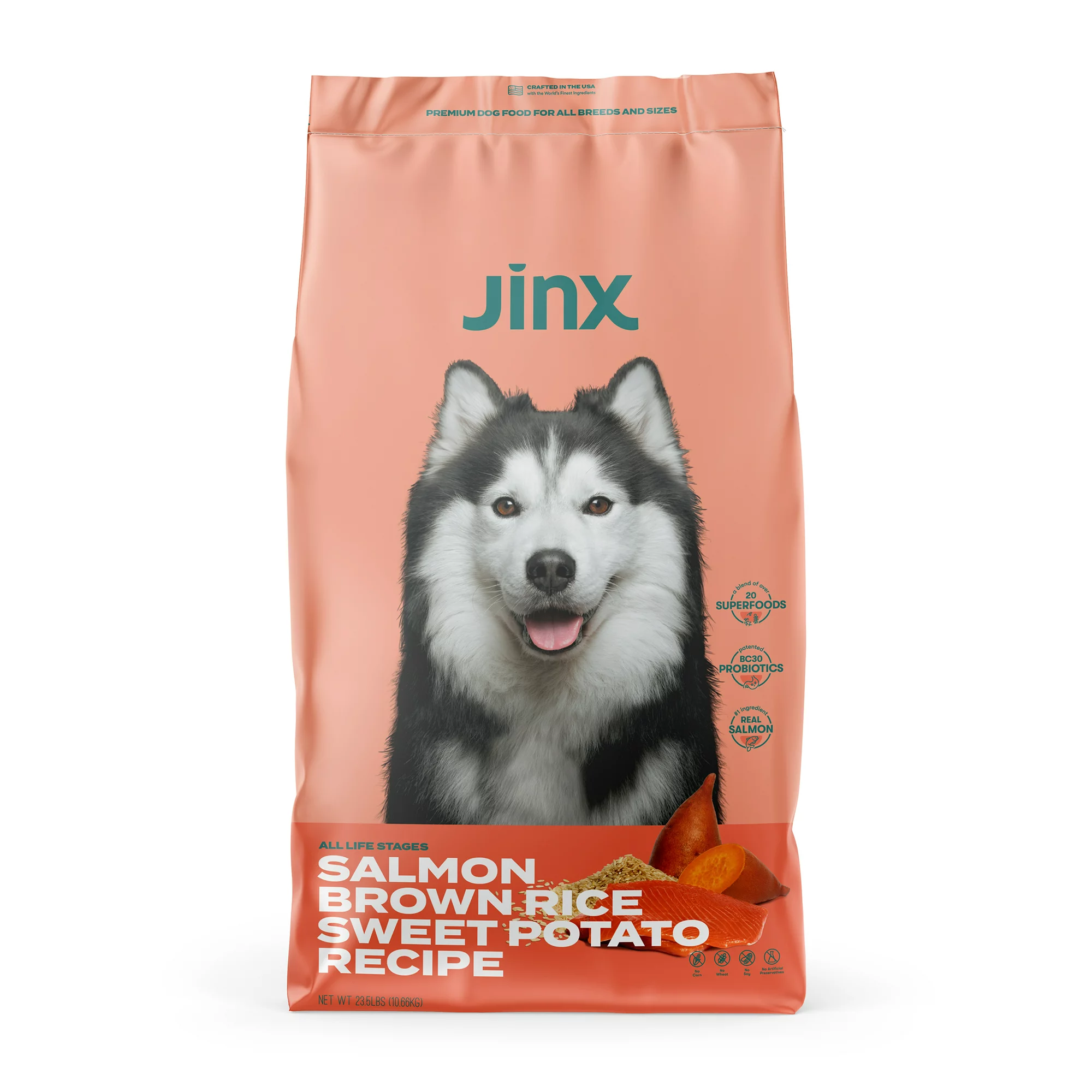 Jinx Salmon. Brown Rice & Sweet Potato Flavor Dry Dog Food. 23.5 lb. Bag