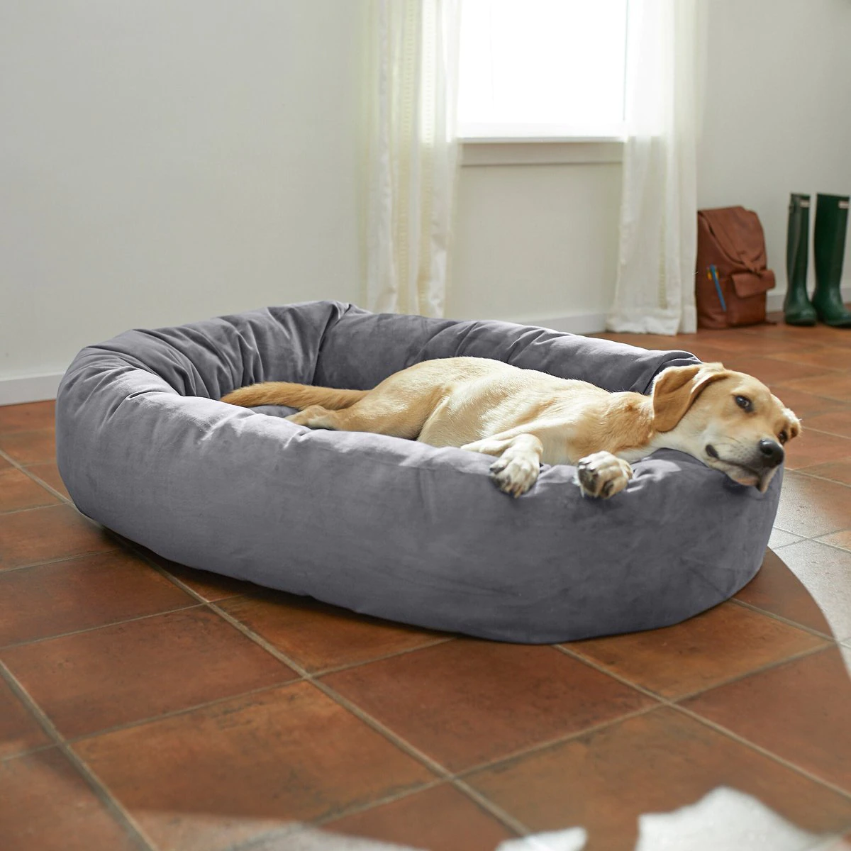 Frisco Velvet Round Bolster Dog Bed with Removable Cover. Gray