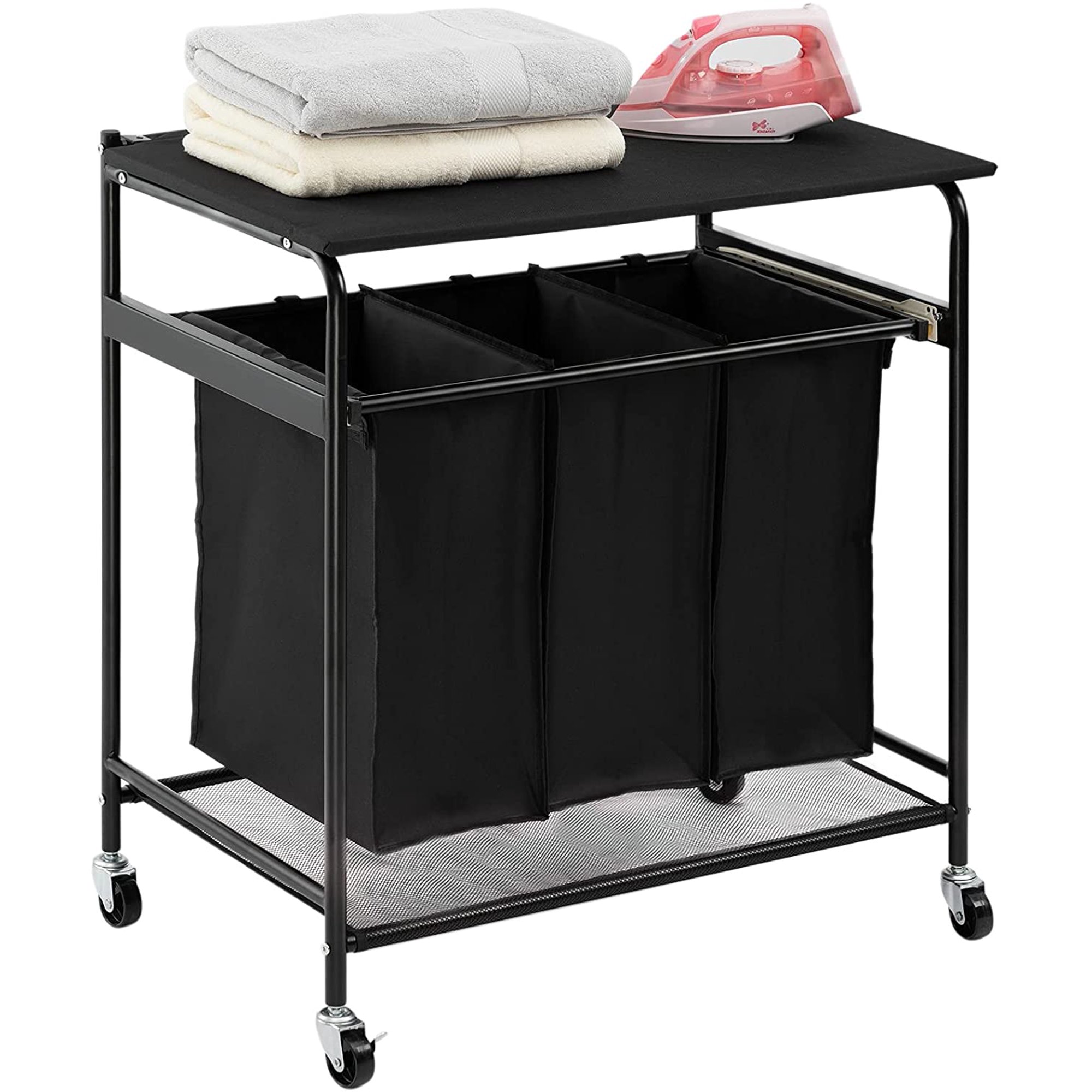 HollyHOME Rolling Laundry Sorter Cart with Openable Ironing Board and 3 Side Pull Laundry Hampers. Black