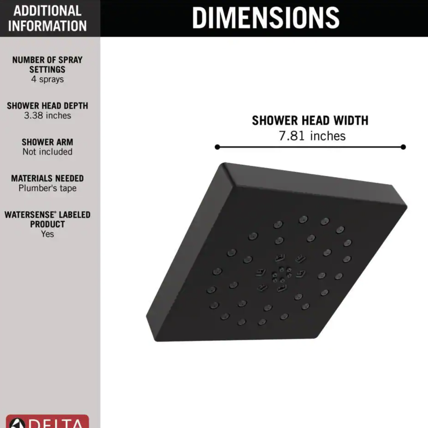 Delta 4-Spray Pattern with 1.75 GPM 7-2/3 in. Wall Mount Fixed Shower Head with H2Okinetic UltraSoak Spray. Matte Black