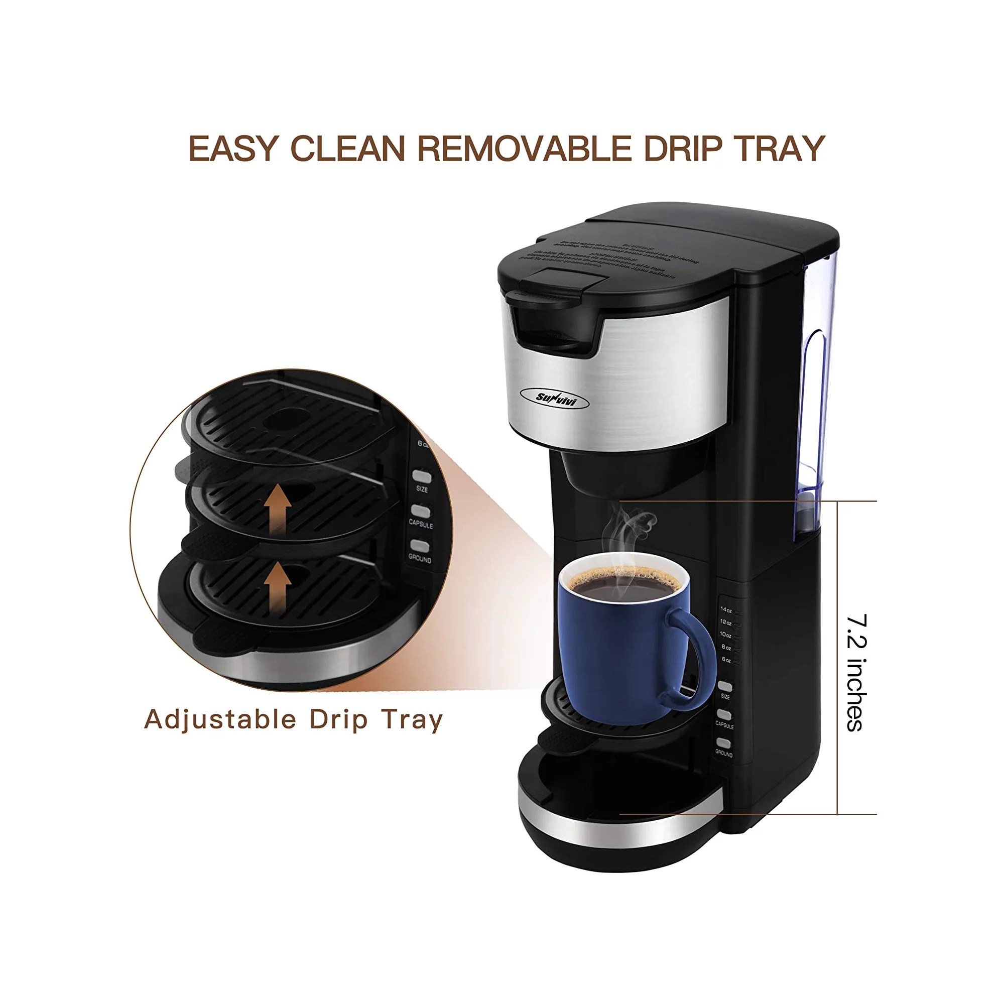 Sunvivi Single Serve Coffee Maker for Single Cup Pod & Coffee Ground