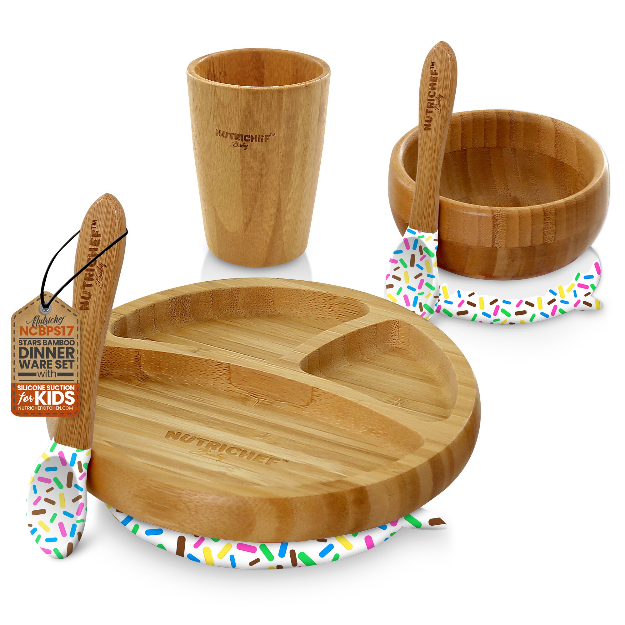 NutriChef Baby Bamboo Dinnerware Set - 3 Partition Wooden Toddler Plate. Bowl. Cup & Spoon w/ Silicone Suction Base. Sparkle