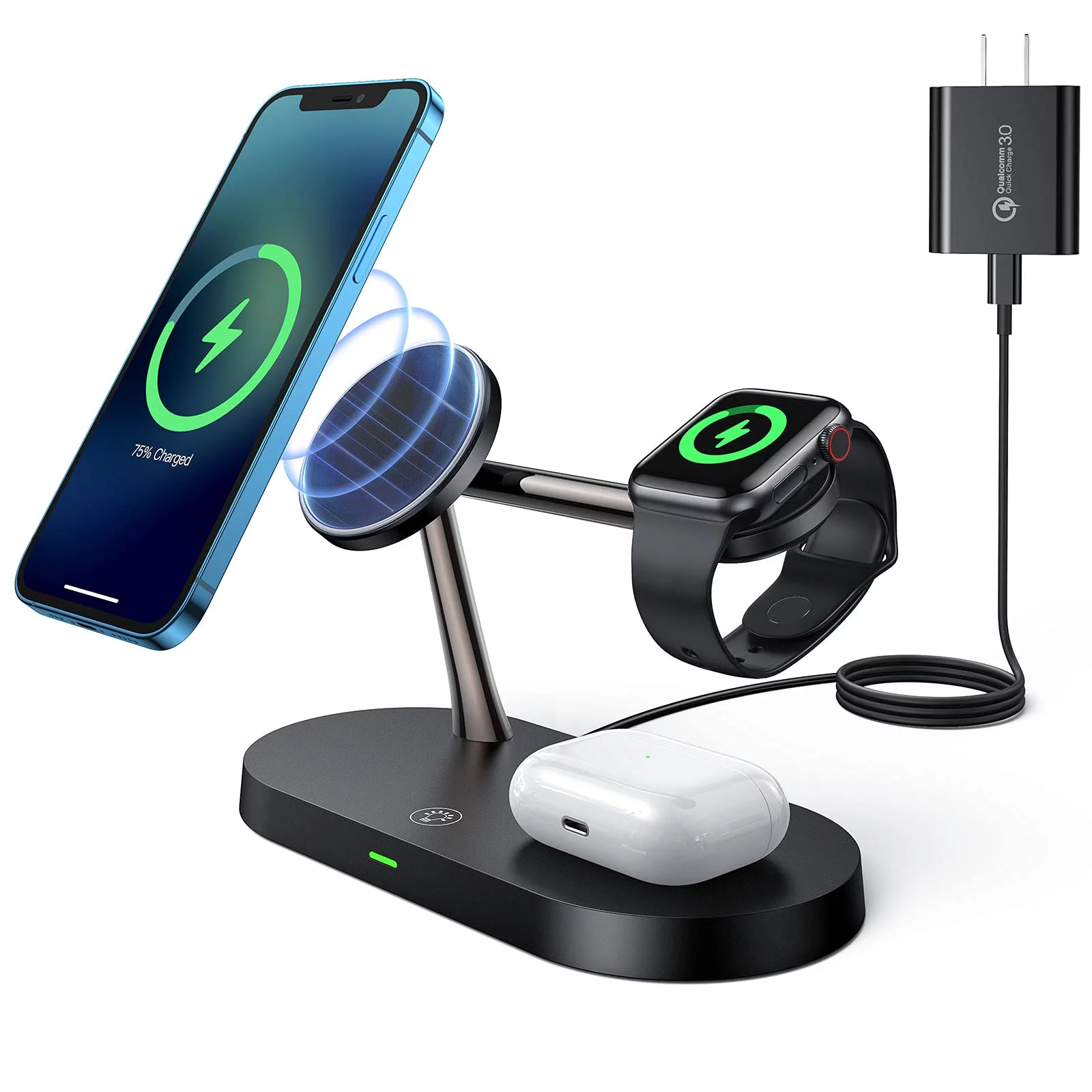 UUTO 5-in-1 Magnetic Wireless Charger. 15W Fast Wireless Charging Station with QC 3.0 Adapter