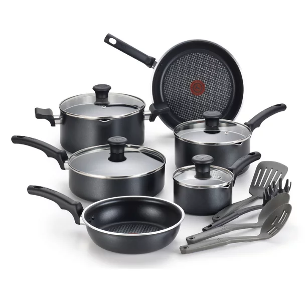 T-fal Cook & Strain Nonstick Cookware Set. 14 piece Set. Black