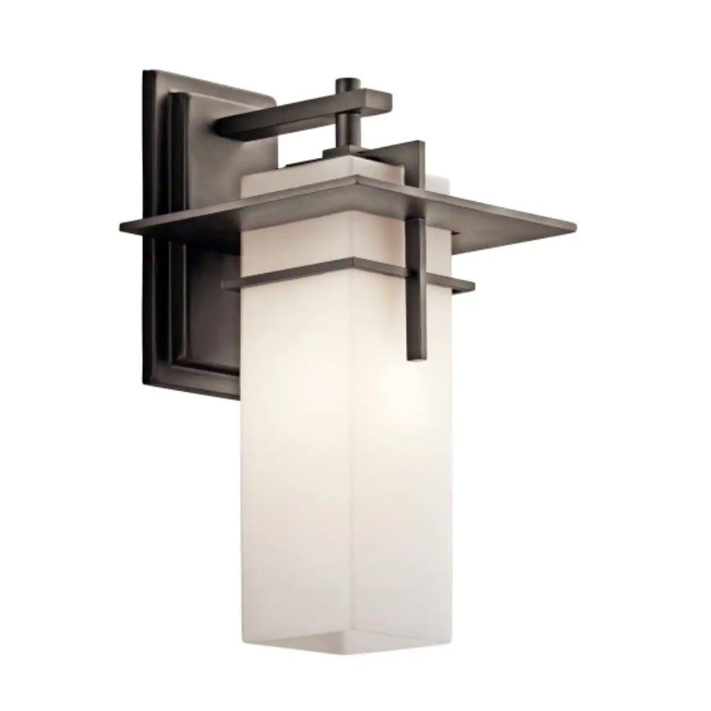 Kichler Caterham 14.75 in. 1-Light Olde Bronze Outdoor Light Wall Sconce with Satin Etched Cased Opal Glass (1-Pack)