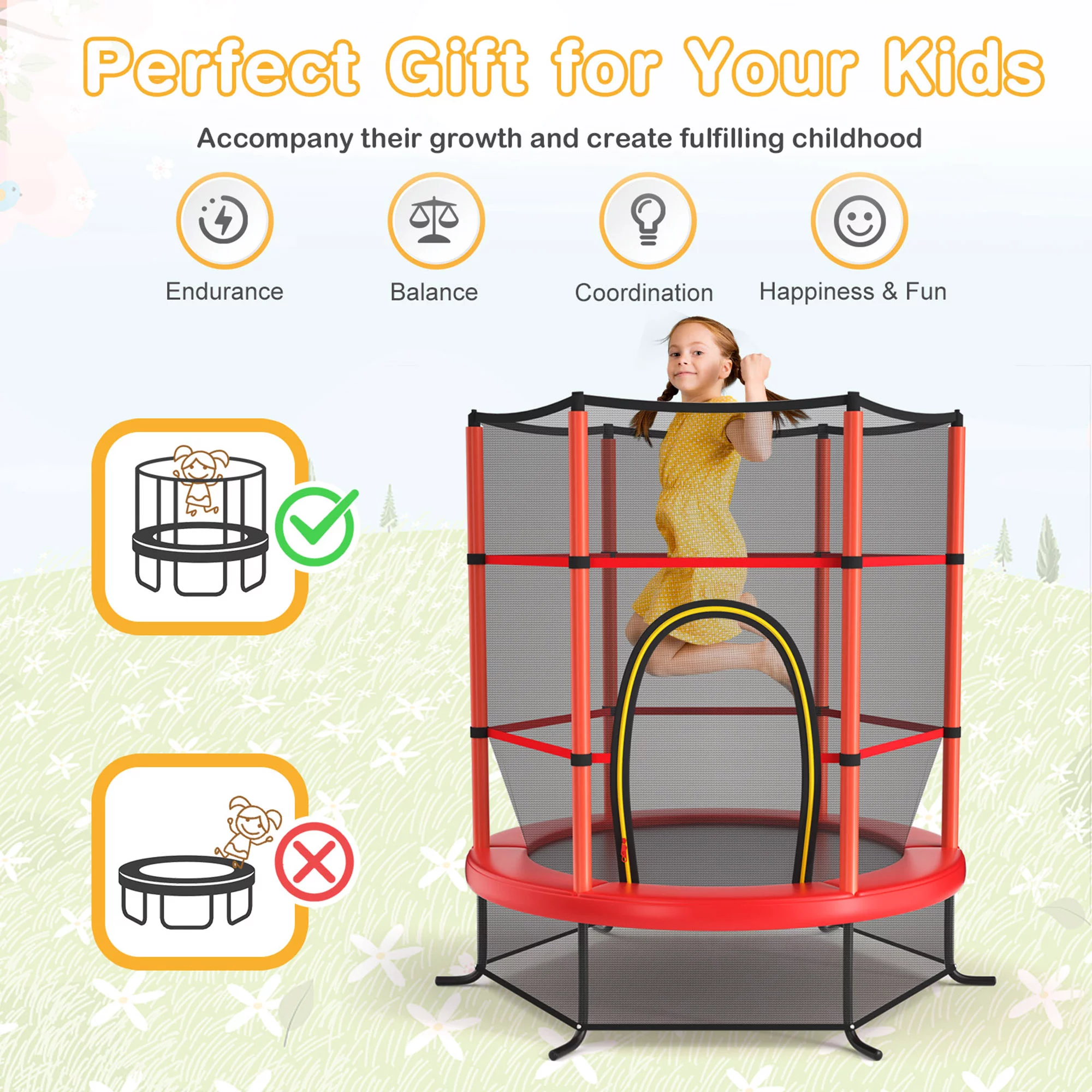 Gymax 55” Trampoline for Kids Toddler Recreational Trampoline with Safety Enclosure Net Red