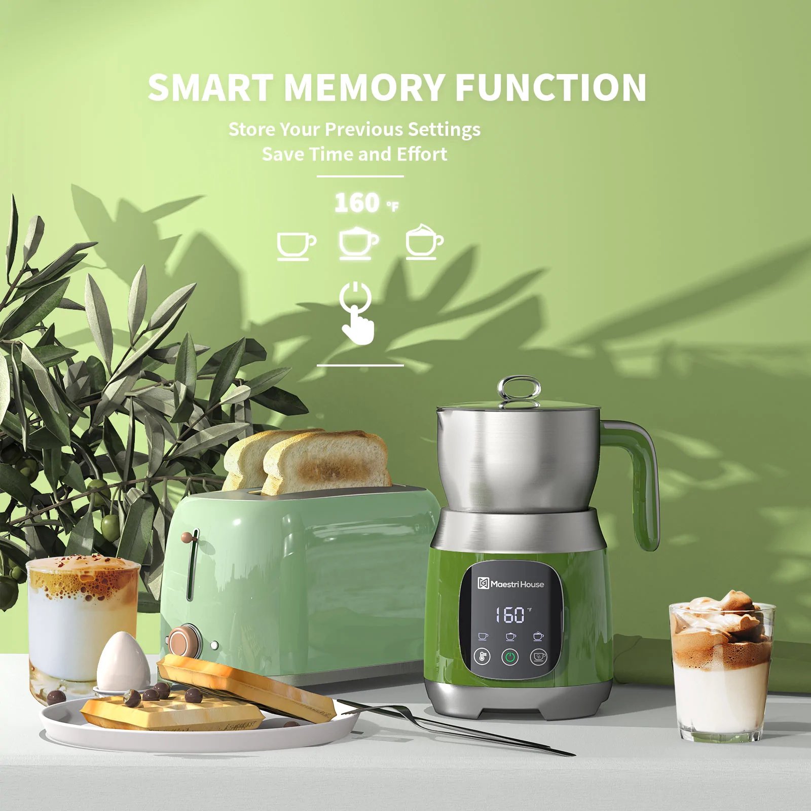 Maestri House 21 Oz Variable Temp and Froth Thickness Milk Frother and Steamer. Smart Touch Control. Maestri Green