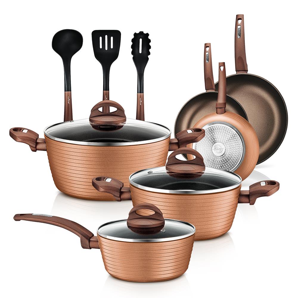 NutriChef 12 Piece Kitchenware Pots & Pans Set. Non-Stick Coating Inside & Outside. Coffee Inside and Brown Outside