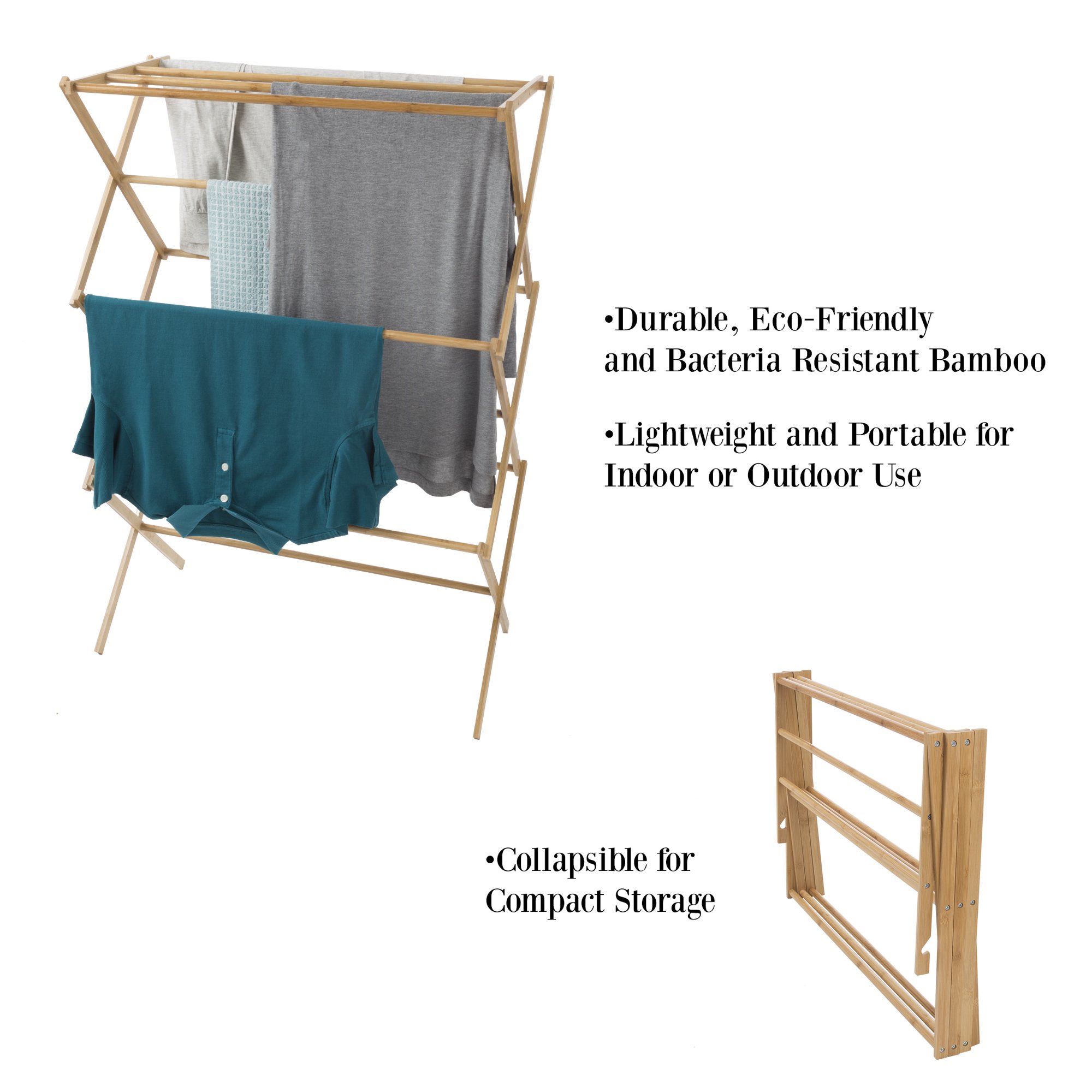 Lavish Home Portable Bamboo Clothes Drying Rack - Collapsible and Compact for Indoor/Outdoor Use
