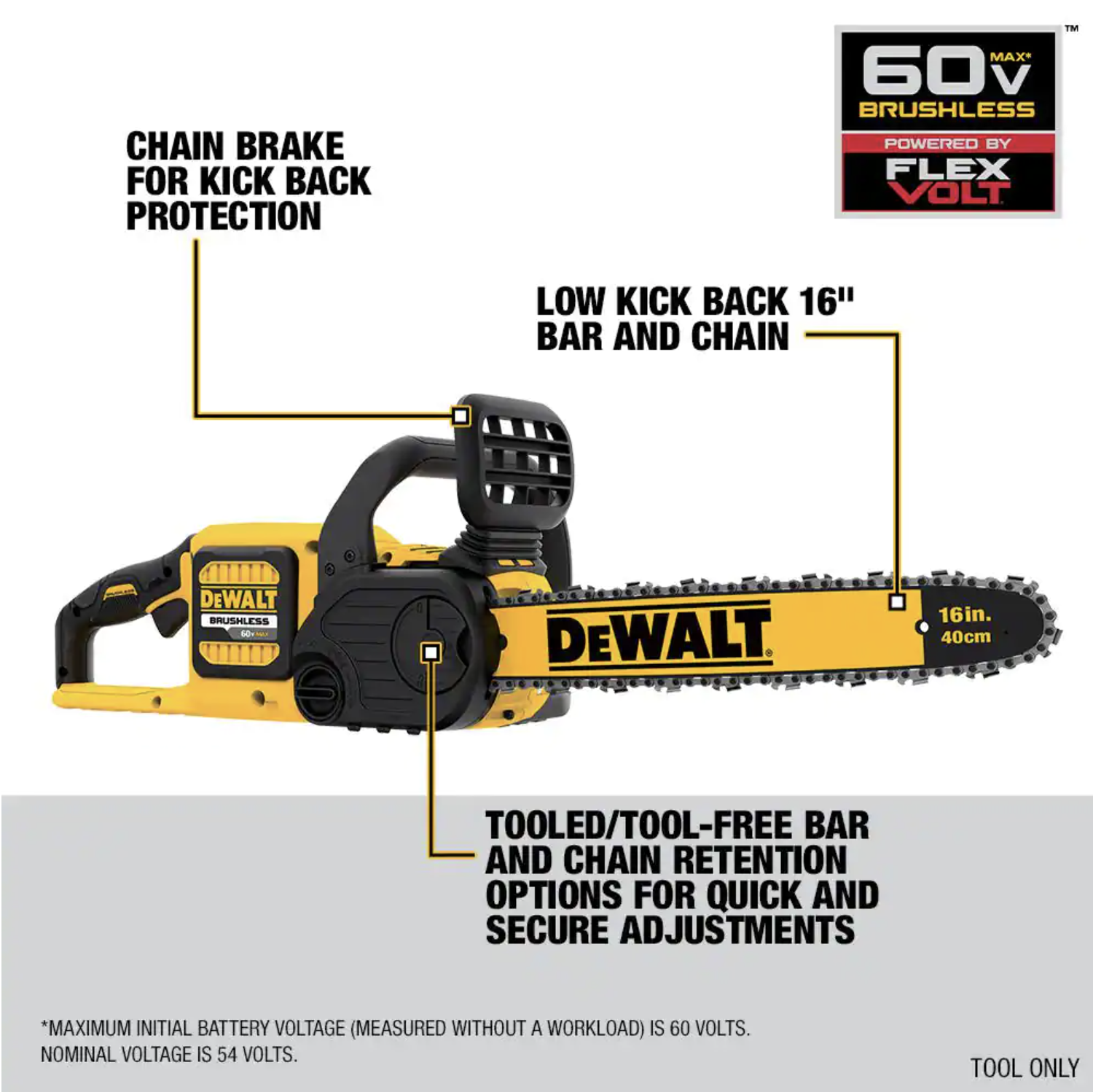 Dewalt 60V MAX 16in. Brushless Cordless Battery Powered Chainsaw Kit with (1) FLEXVOLT 2Ah Battery & Charger (DCCS670T1)