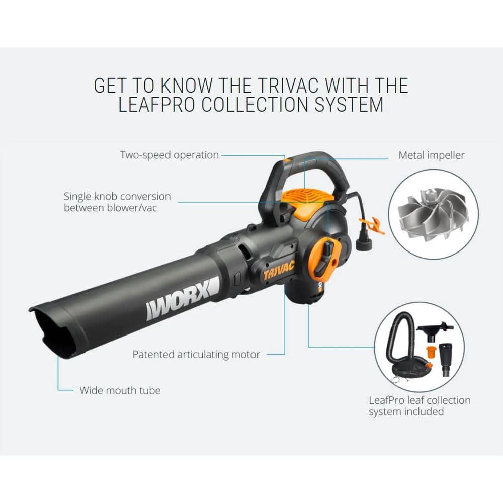 Worx 70 MPH 620 CFM 12 Amp Electric Leaf Blower Mulcher And Vacuum