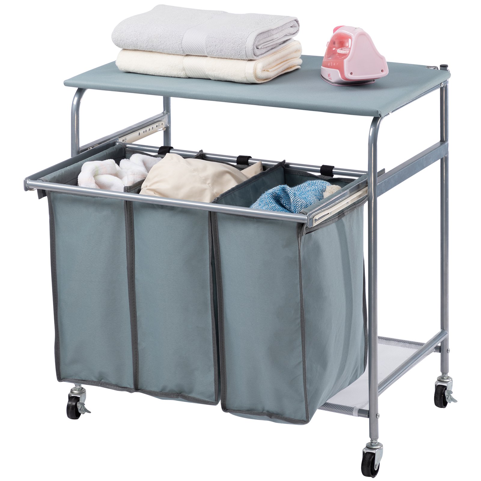 HollyHOME Rolling Laundry Sorter Cart with Openable Ironing Board and Side Pull 3 Bags. Blue Gray