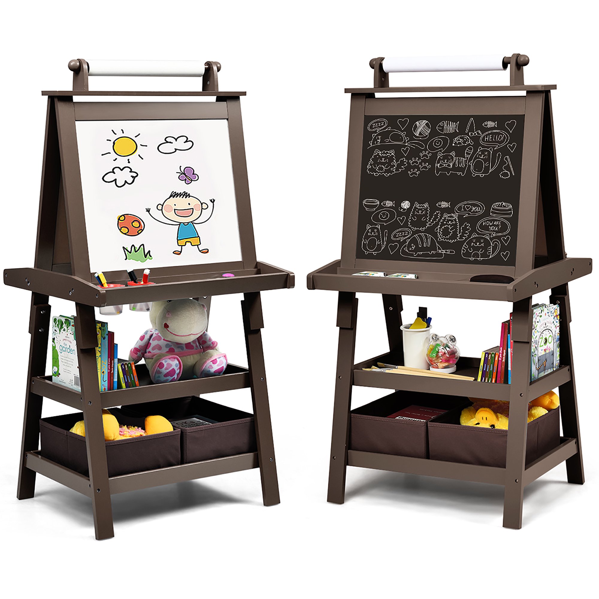 Costway 3-in-1 Double-Sided Wooden Kid-s Art Easel Whiteboard. Coffee