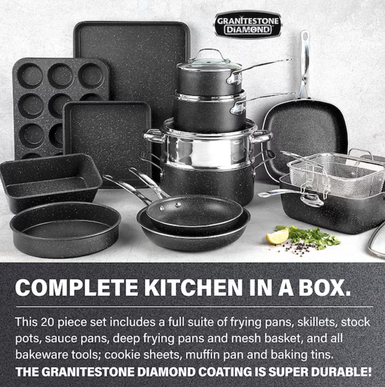 GraniteStone Diamond 20-Piece 23.4-in Aluminum Cookware Set Lid(s) Included