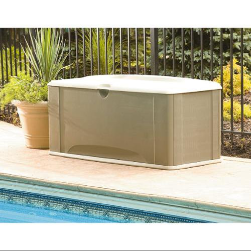 Rubbermaid Outdoor Extra-Large Deck Box with Seat. Gray & Brown. 121 Gallon