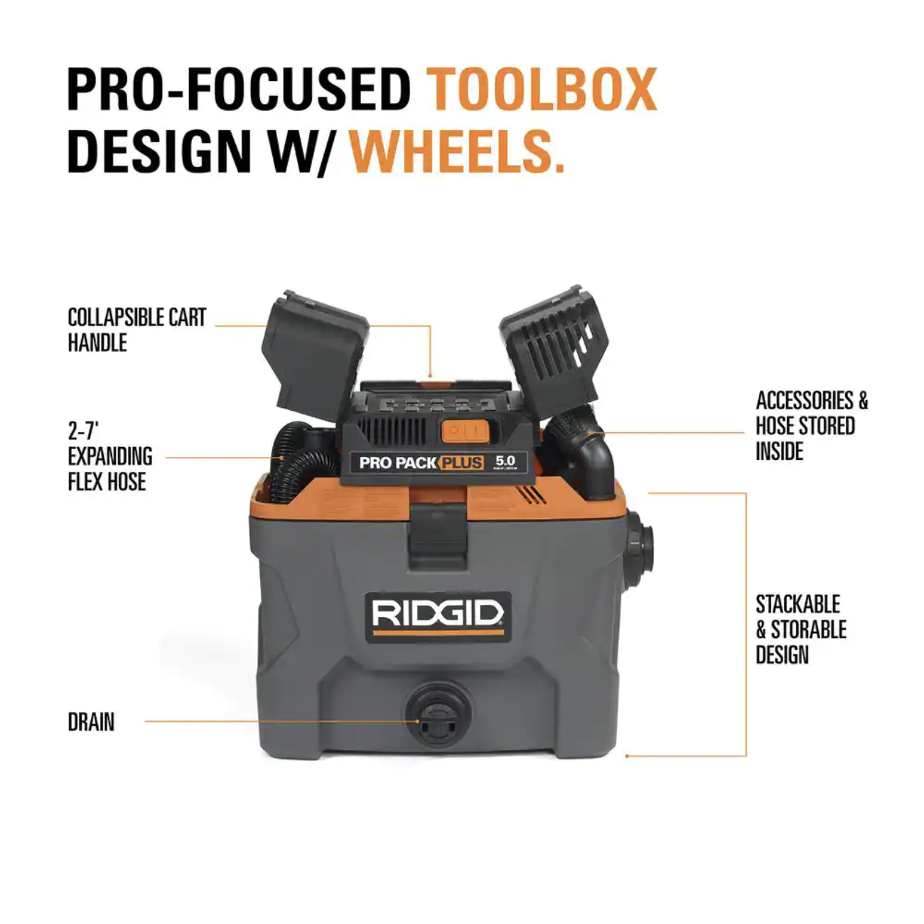 Ridgid 10 Gallon 5.0 Peak HP ProPack Plus Wet/Dry Shop Vacuum with Filter. Expandable Locking Hose and Accessories