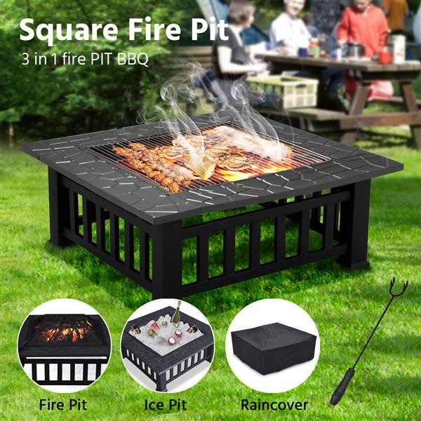 Easyfashion 32″ Outdoor Metal Firepit Backyard Patio Garden Square Stove Fire Pit With cover