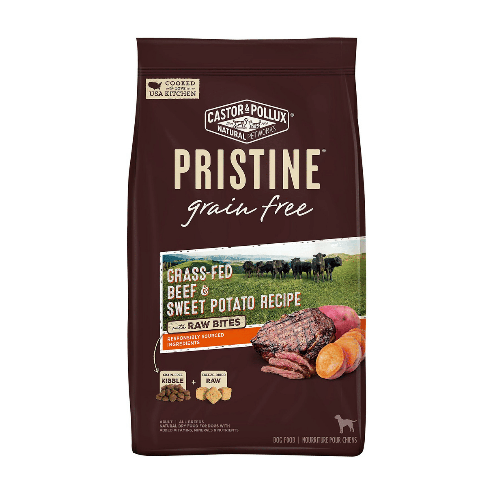Castor & Pollux Pristine Grain Free Grass-Fed Beef and Sweet Potato Recipe with Raw Bites Dry Dog Food. 18 Pounds