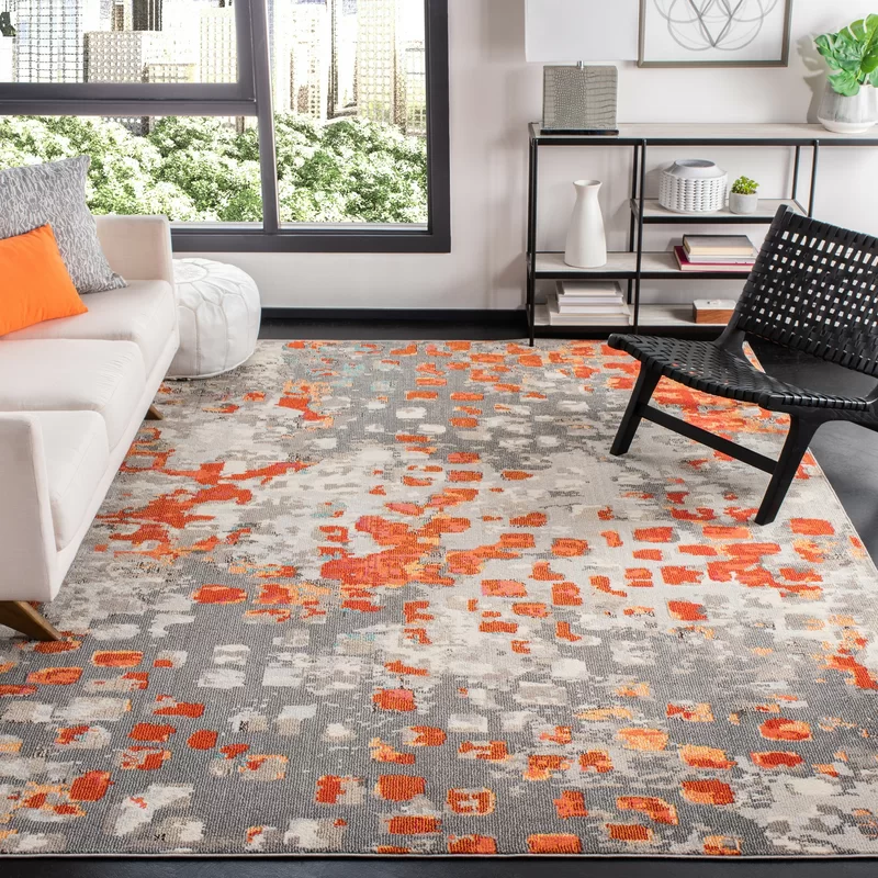 Wrought Studio Poche Machine Woven/Power Loomed Performance Gray/Orange Rug. Square 12′