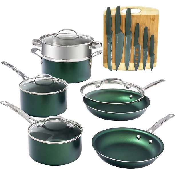 Granitestone Emerald 17 Nonstick Pots & Pans Set. Cookware Set + Knife Set. Green