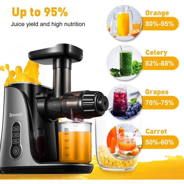 Brewsly Juicer Machines Easy to Clean. Slow Masticating Juicer Higher Juice Yield. Black