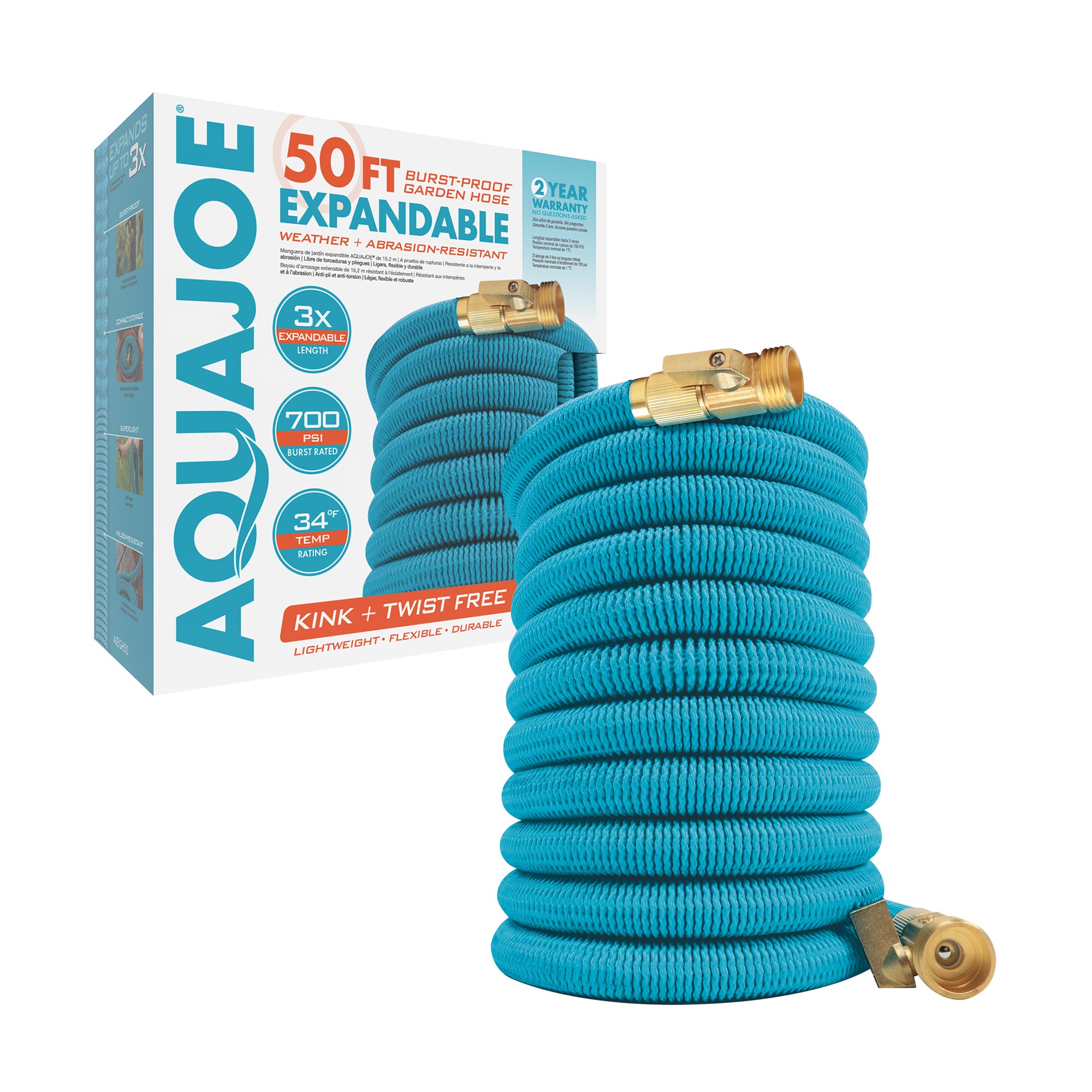 Aqua Joe No-Kink Expandable Garden Hose. 700-PSI Burst Pressure (Light Blue)