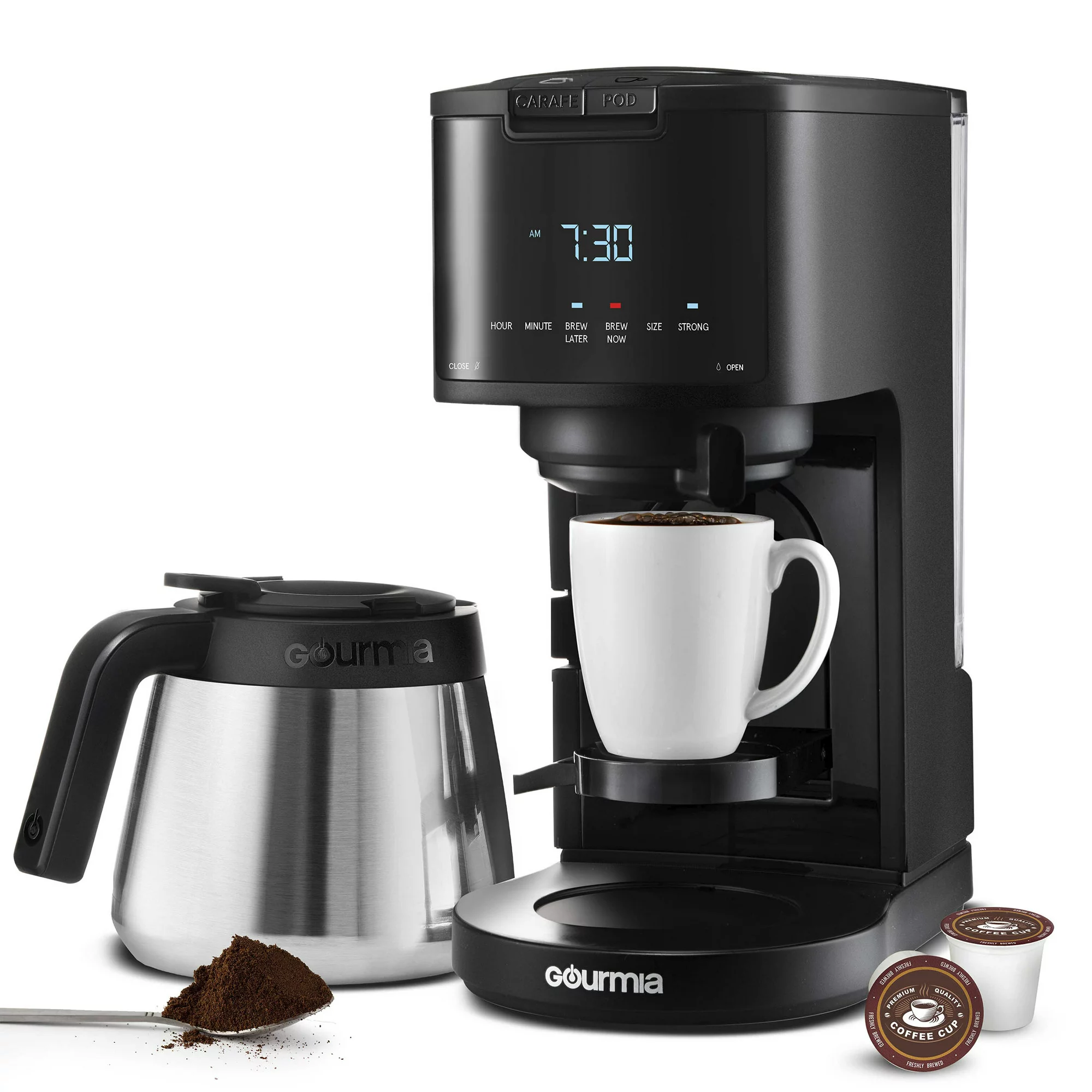 Gourmia 2-in-1 Single-Serve. K-Cup Pod Compatible + 12-Cup Coffee Maker. with Thermal Carafe