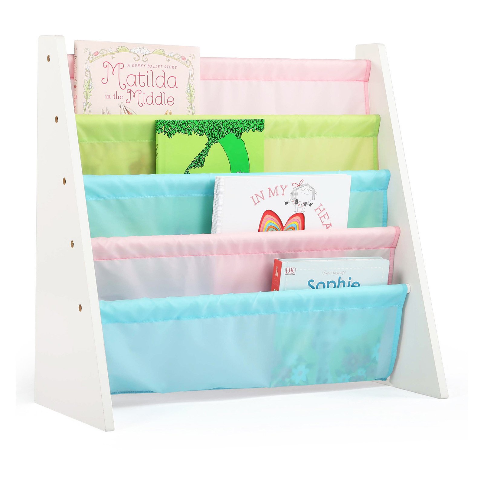 Tot Tutors Humble Crew Kids Book Rack with Fabric Sling Sleeves. Pastel