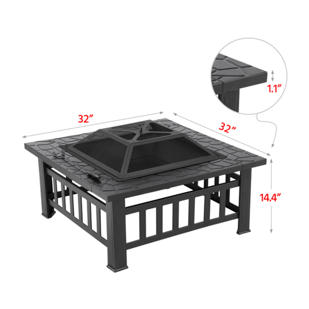 Easyfashion Outdoor 32-Inch Square Metal Fire Pit with Cover and Poker. Black