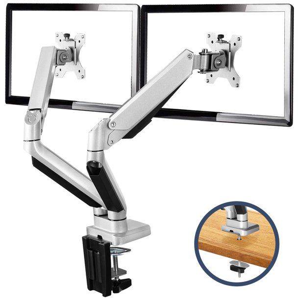 Perlegear Adjustable Dual Monitor Arm Mount Desk Stand Fits Two 13-27 inches Flat Curved Computer Screens. Silver