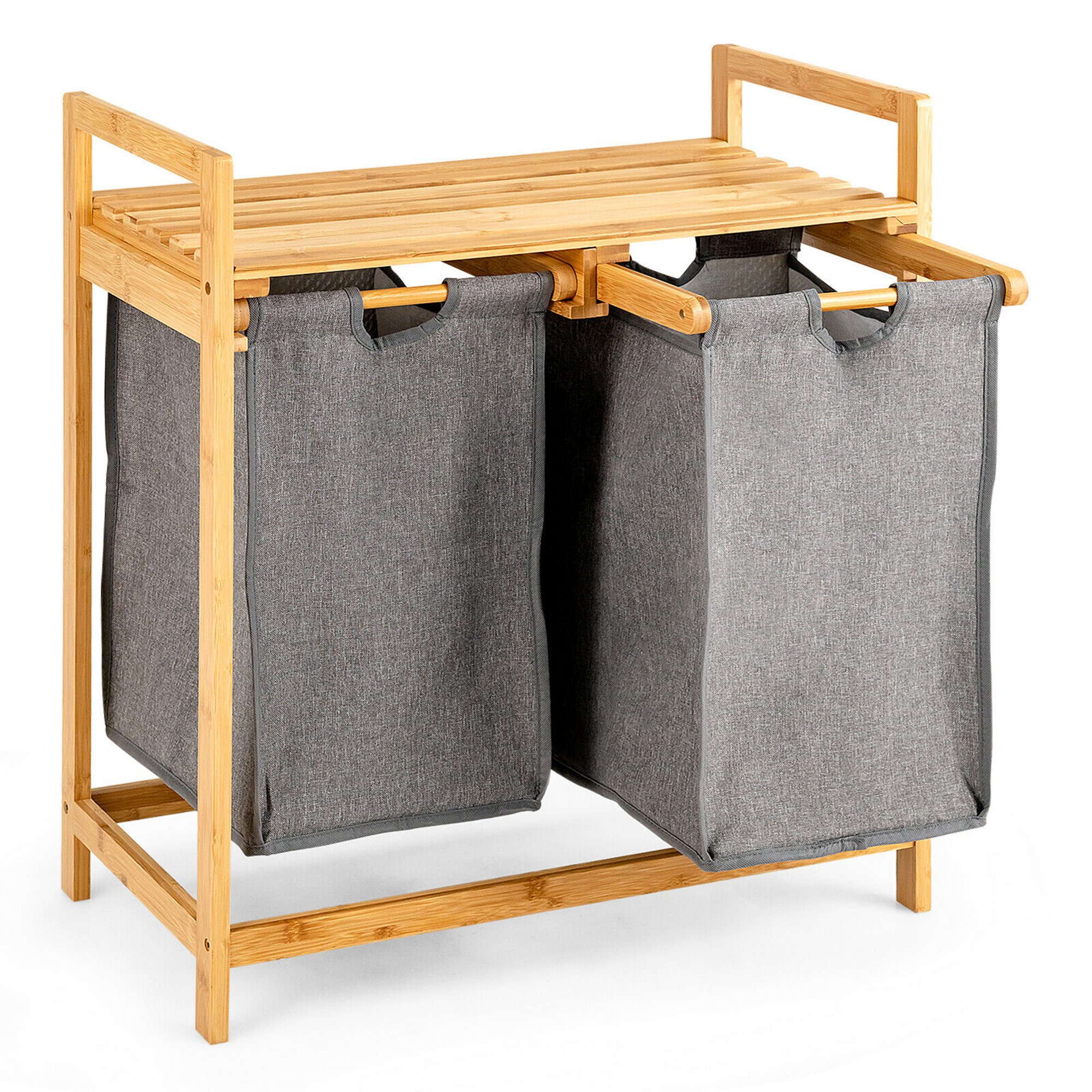 Gymax Bamboo Laundry Hamper w/Dual Compartments Laundry Sorter w/Sliding Bags & Shelf
