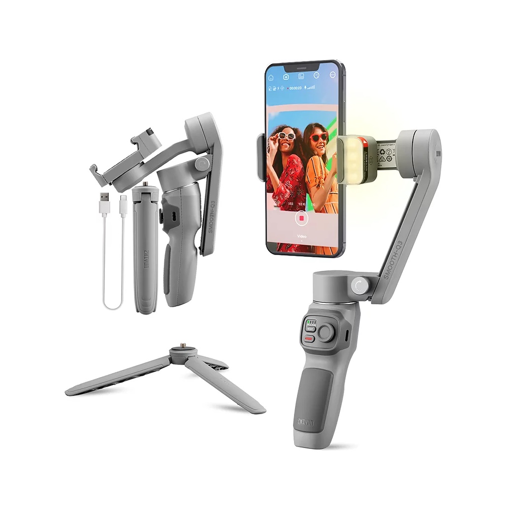 Zhiyun Smooth Q3 Phone Gimbal. 3-Axis Smartphone Handheld Stabilizer Selfie Sticks with Fill Light Grey for iPhone