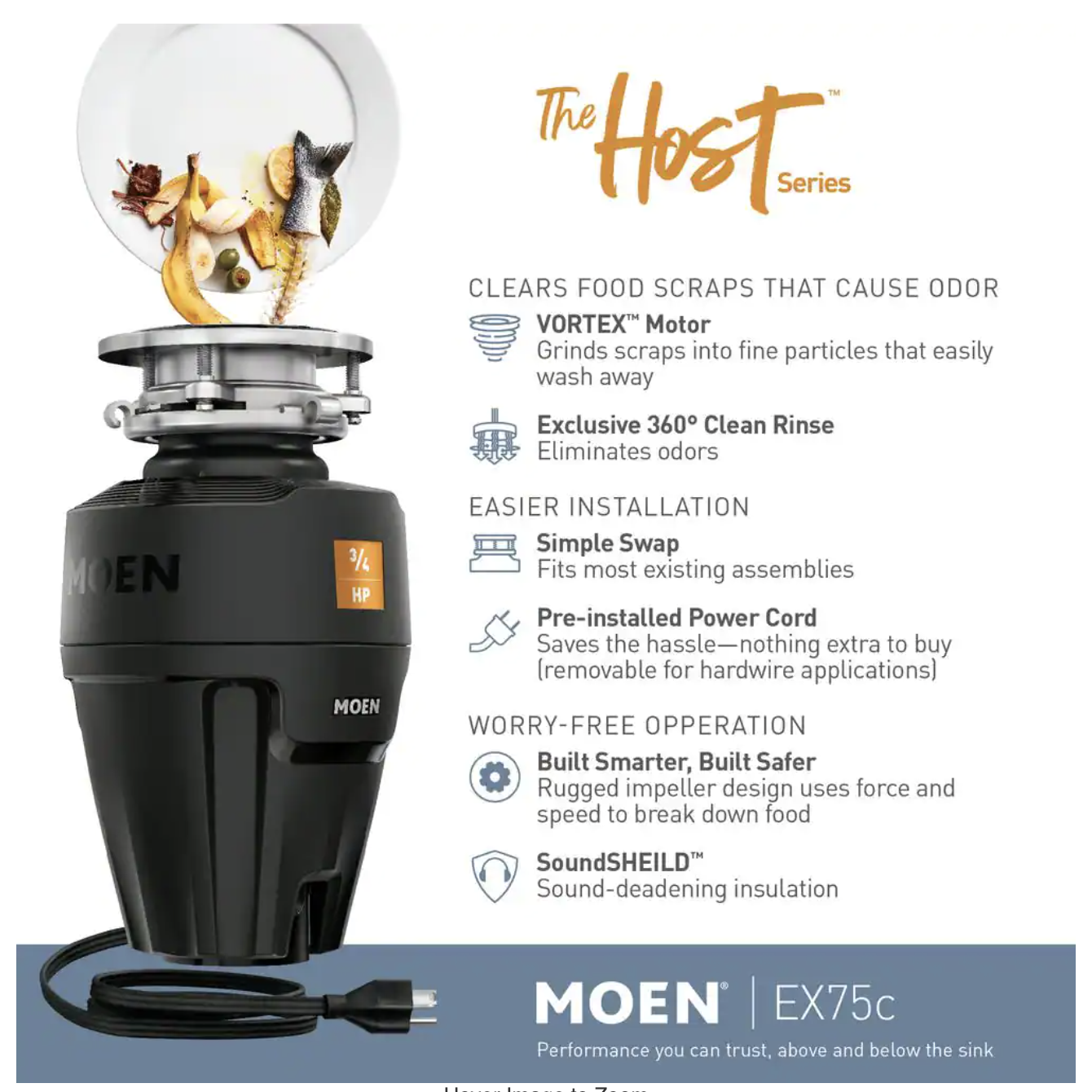 Moen Host Series 3/4 HP Continuous Feed Space Saving Garbage Disposal with Sound Reduction and Universal Mount