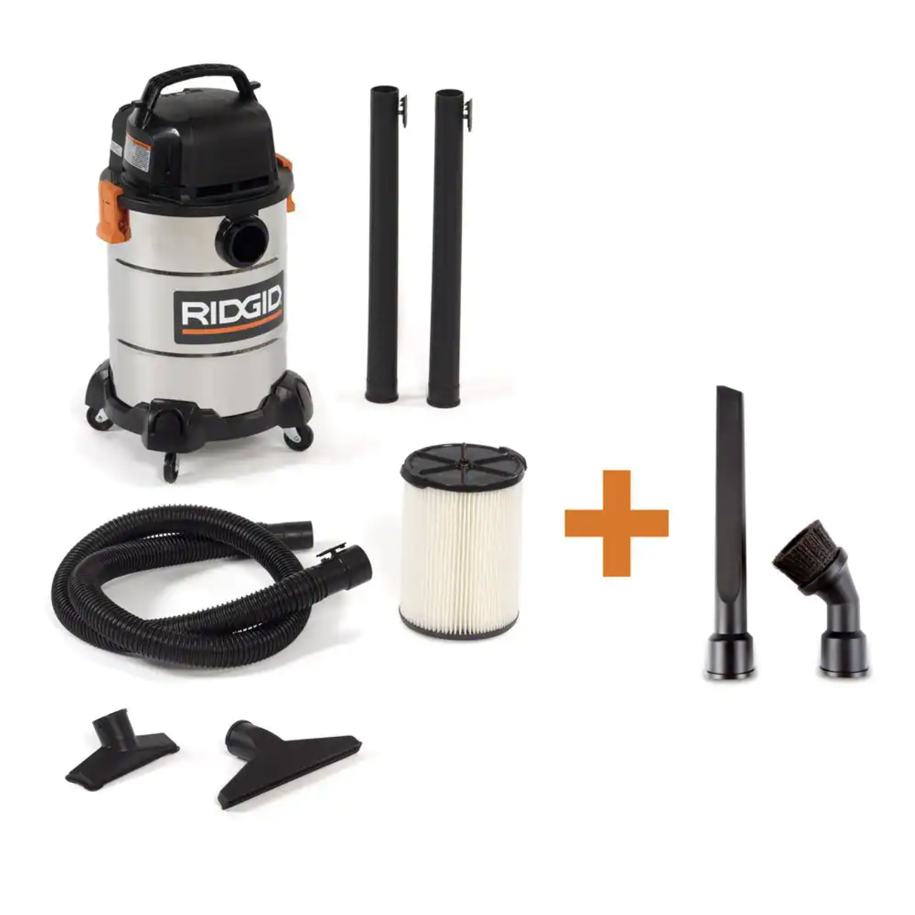 Ridgid 6 Gallon 4.25 Peak HP Stainless Steel Wet/Dry Shop Vacuum with Filter. Locking Hose and Six Accessories