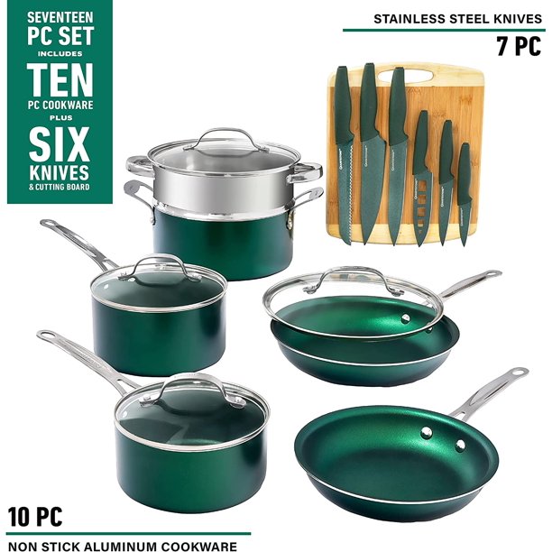 Granitestone Emerald 17 Nonstick Pots & Pans Set. Cookware Set + Knife Set. Green