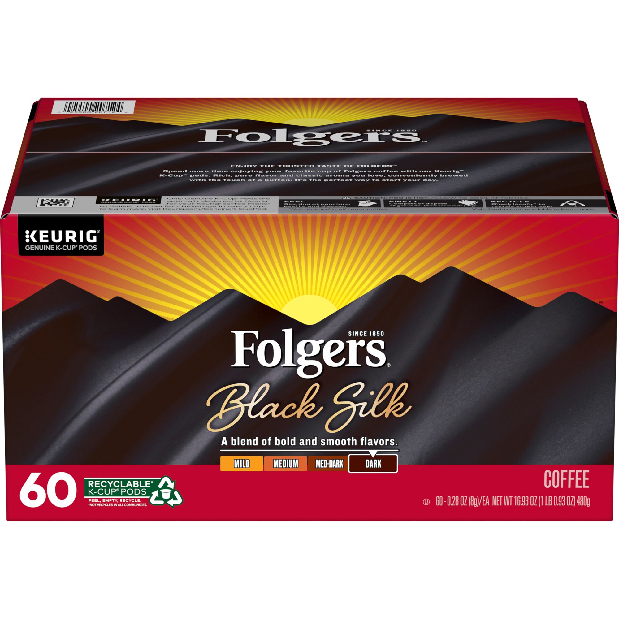 Folgers Black Silk Dark Roast Coffee. 60 Keurig K-Cup Pods