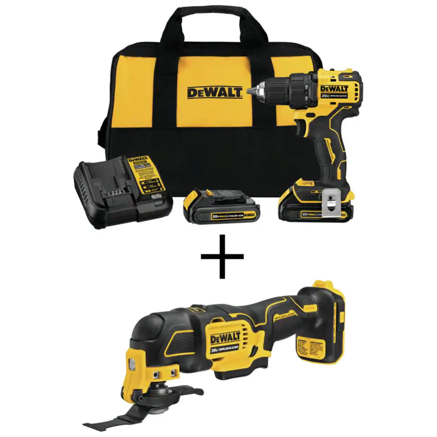 Dewalt Atomic 20v Max Cordless Brushless Compact 1/2 in. Drill/Driver. (2) 20V 1.3Ah Batteries & Oscillating Tool