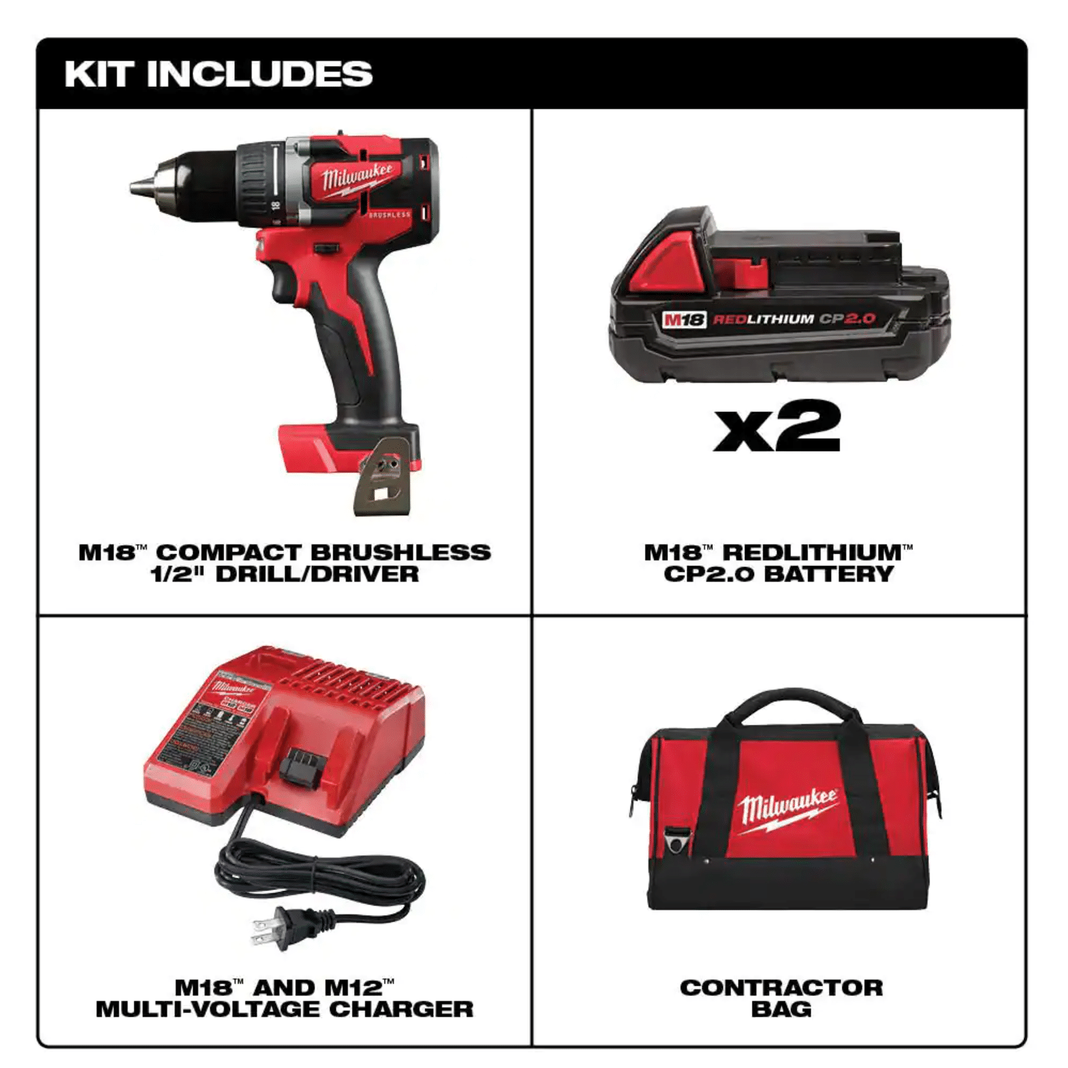 Milwaukee M18 18-Volt Lithium-Ion Brushless Cordless 1/2 in. Compact Drill/Driver Kit with (2) 2.0 Ah Batteries. Charger & Case (2801-22CT)