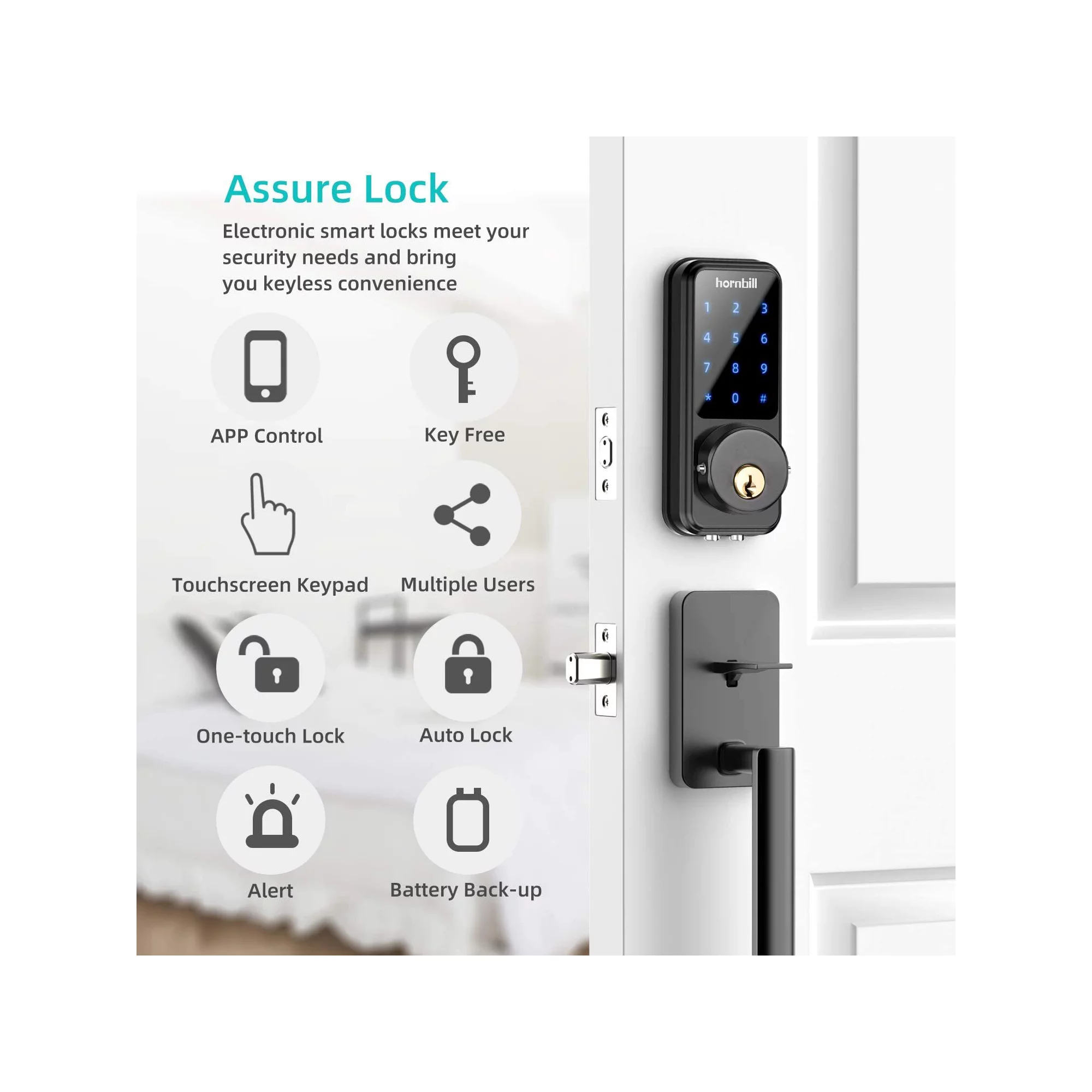 Hornbill Smart Deadbolt Keyless Entry Home with Keypad. Bluetooth Digital Door Lock Works with APP Control. Black