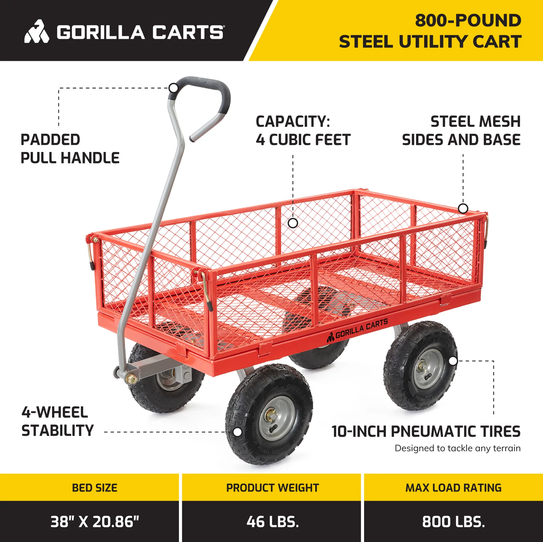 Gorilla Cart 800 Pound Capacity Heavy Duty Steel Mesh Utility Wagon Cart. Red