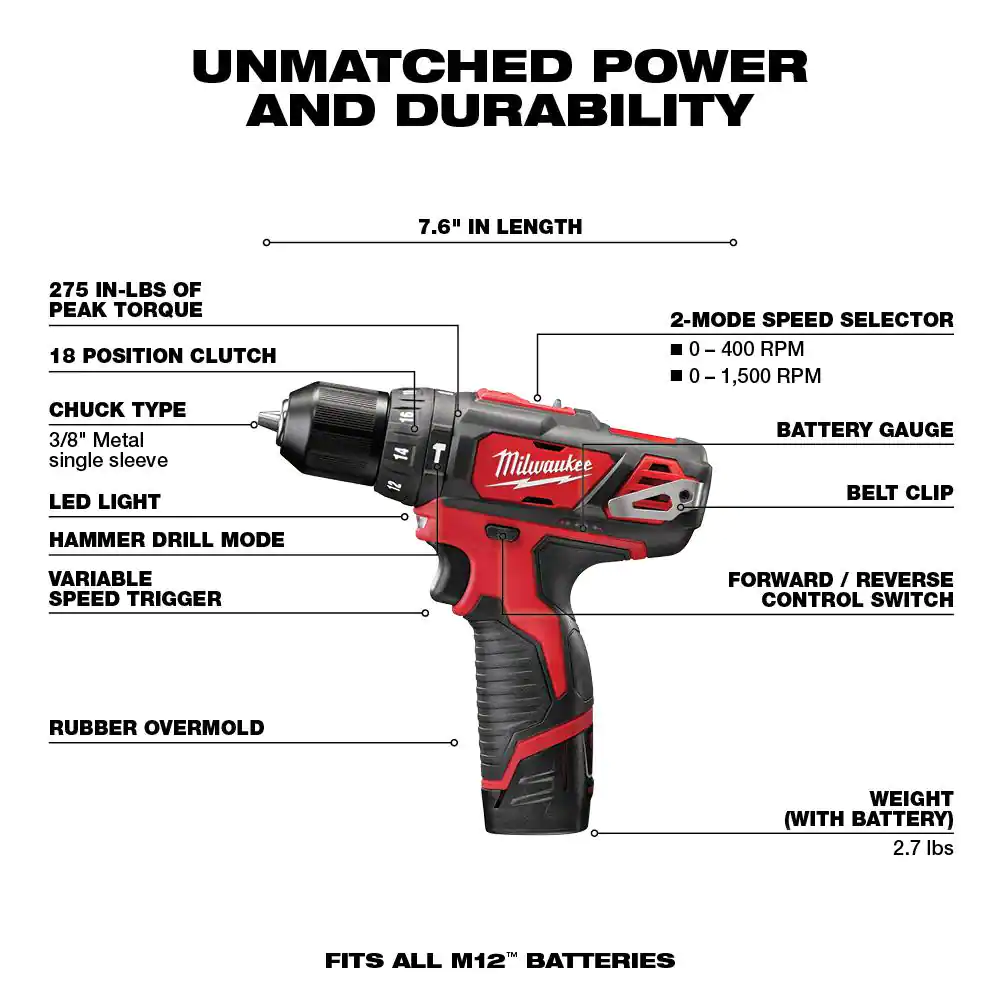 Milwaukee M12 12V Lithium-Ion Cordless 3/8 in. Hammer Drill/Driver Kit with Two 1.5 Ah Batteries and Hard Case
