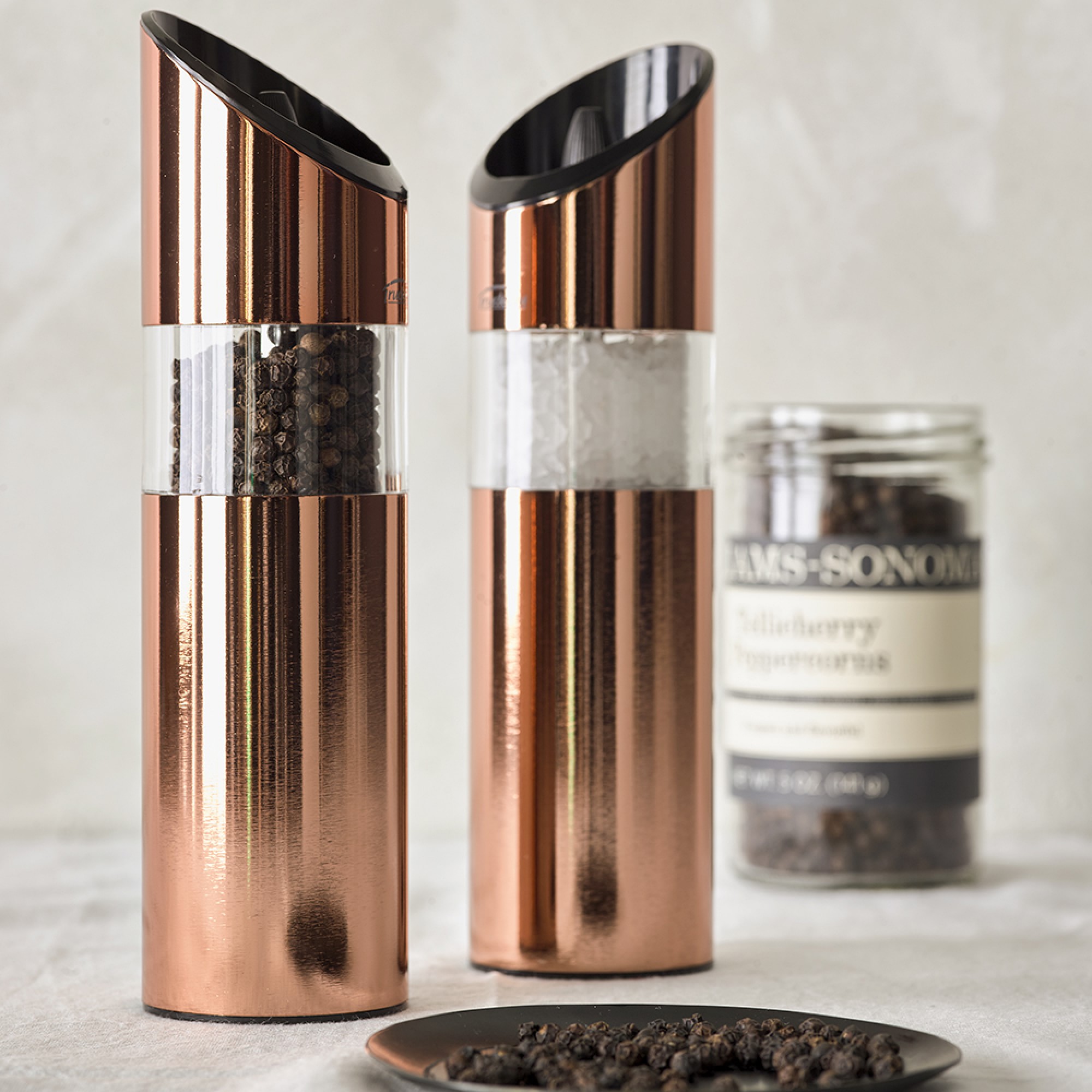 Trudeau Graviti Electric Salt & Pepper Mills Set. Copper