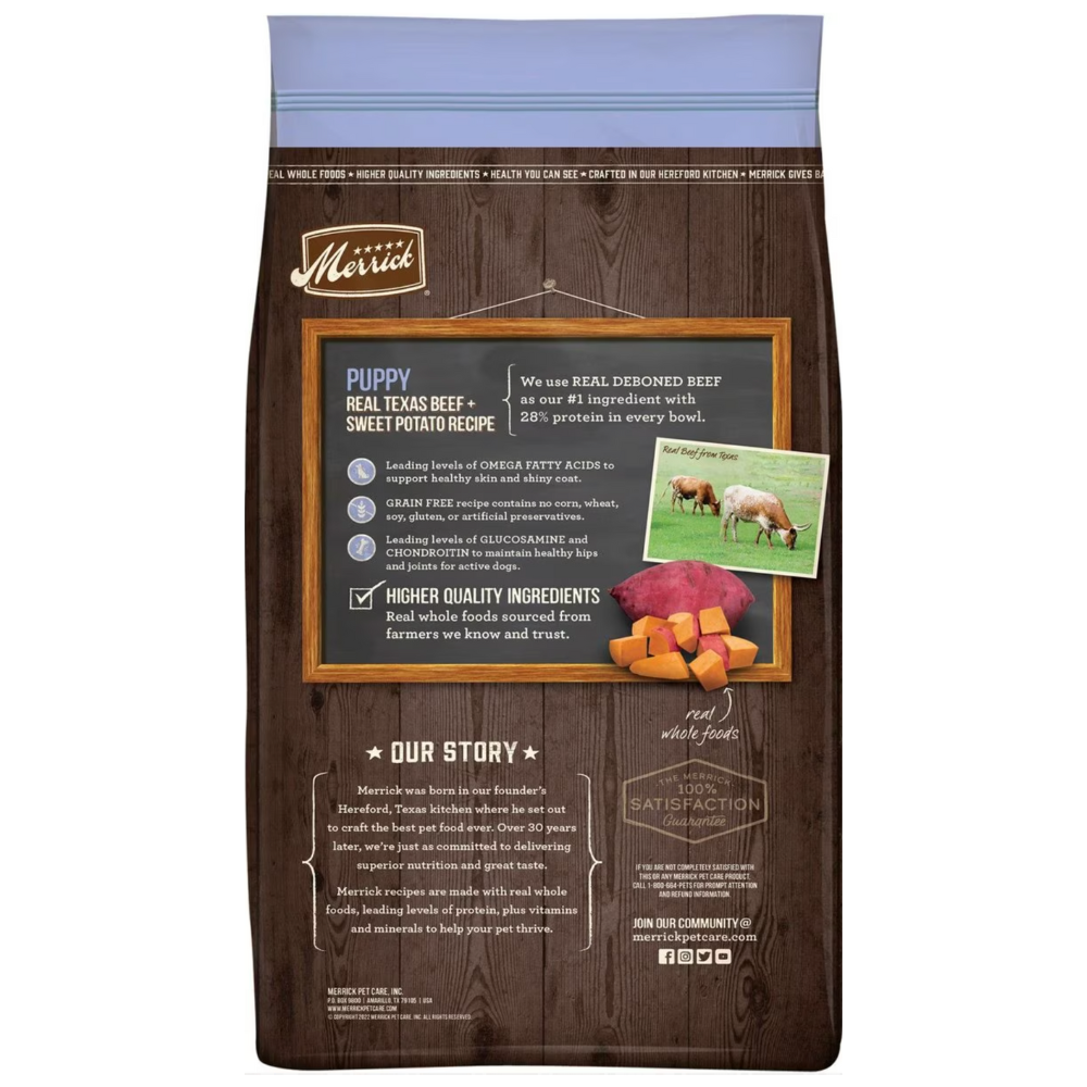 Merrick Grain-Free Real Texas Beef + Sweet Potato Puppy Food. 22-lb bag
