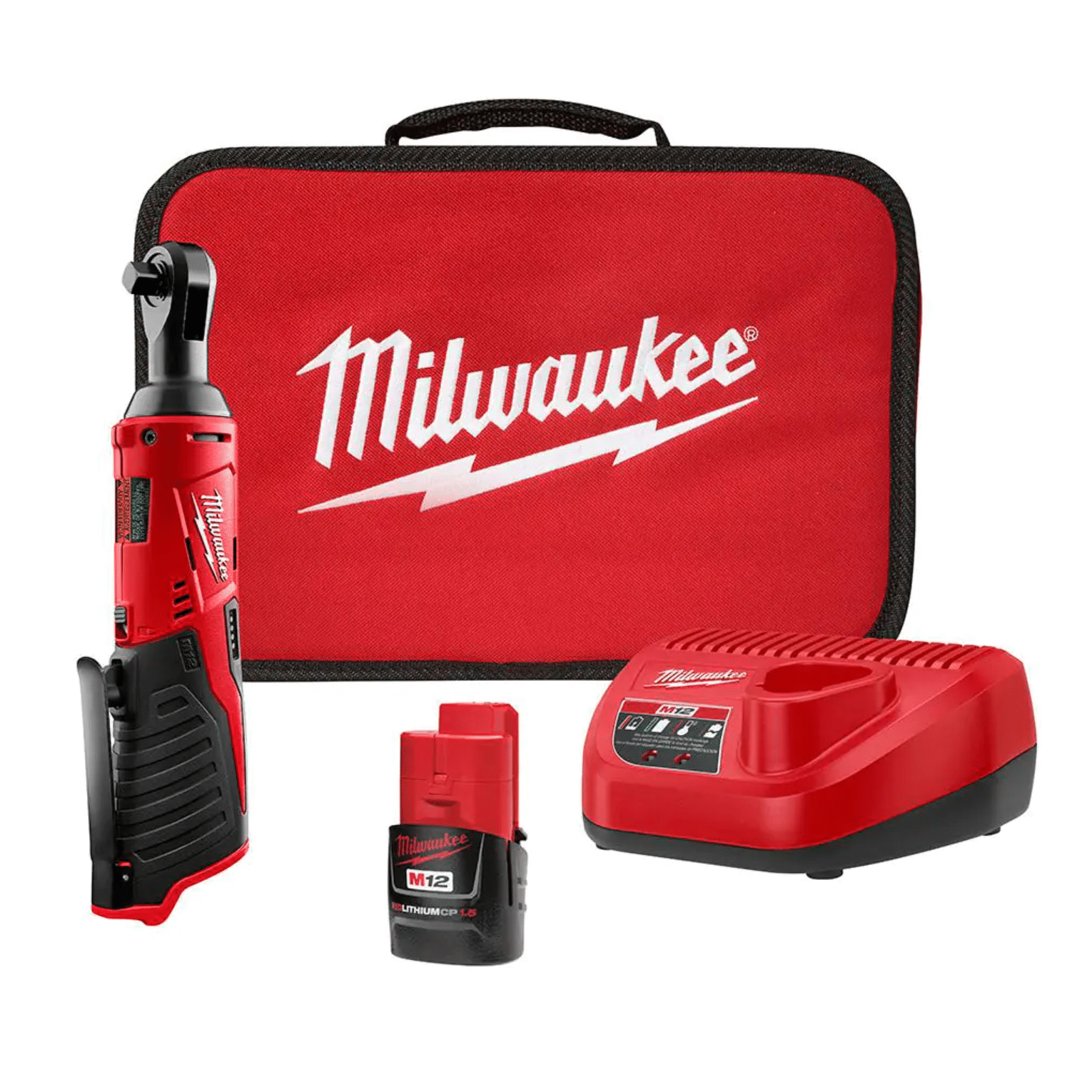 Milwaukee M12 12-Volt Lithium-Ion Cordless 3/8 in. Ratchet Kit with One 1.5 Ah Battery. Charger & Tool Bag (2457-21)