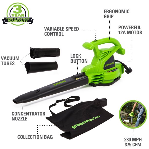 Greenworks 12 Amp 375 CFM Corded Electric Leaf Blower/Mulcher/Vacuum. 24022