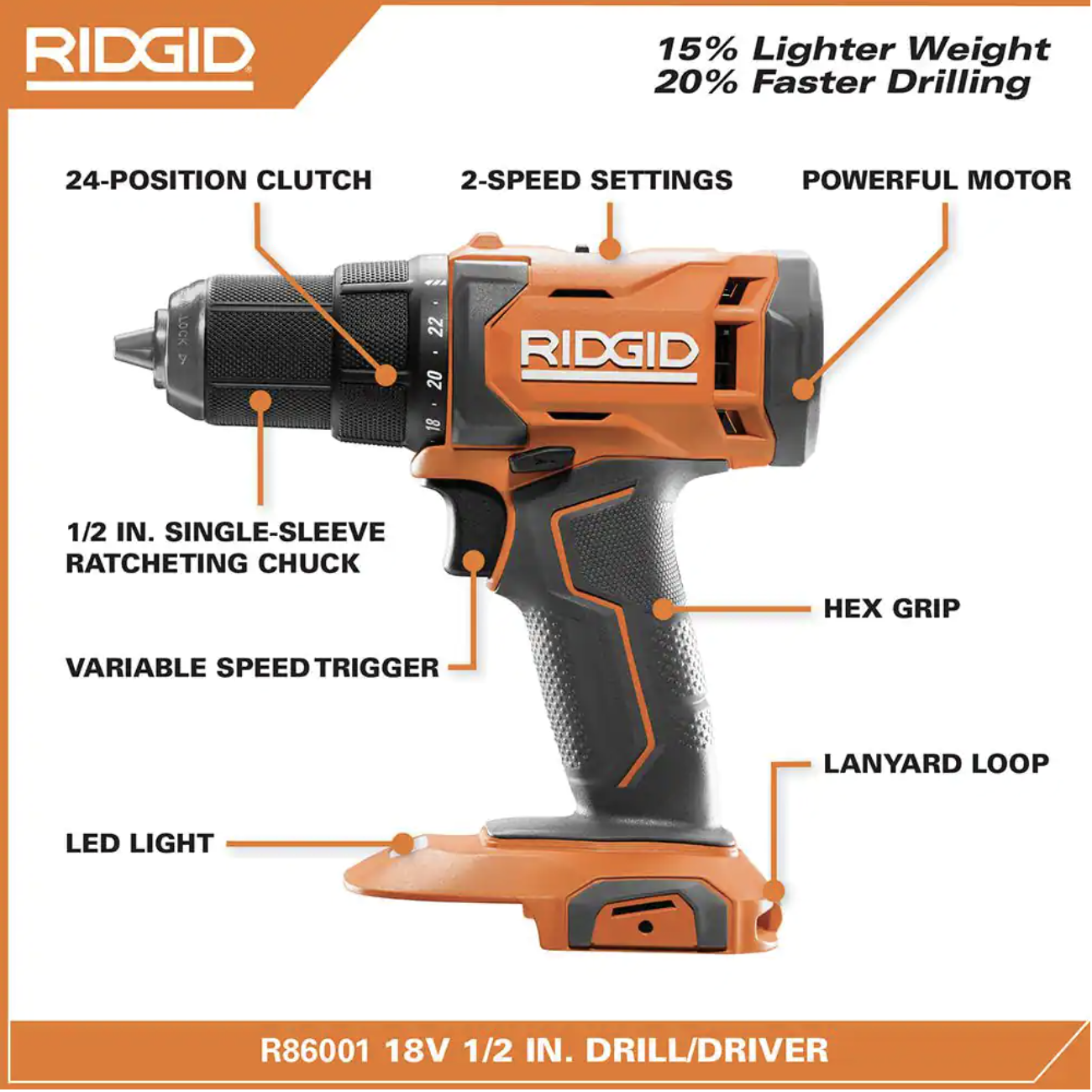 Ridgid 18V Cordless 1/2 in. Drill/Driver Kit with (1) 2.0 Ah Battery and Charger